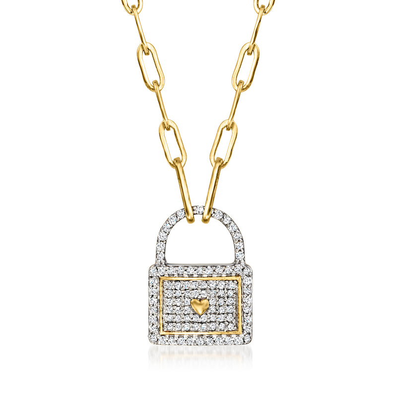 18kt gold over sterling diamond lock paper clip link necklace with heart detail
