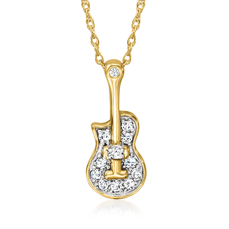 Gold guitar pendant necklace with round diamond accents and bail, on chain