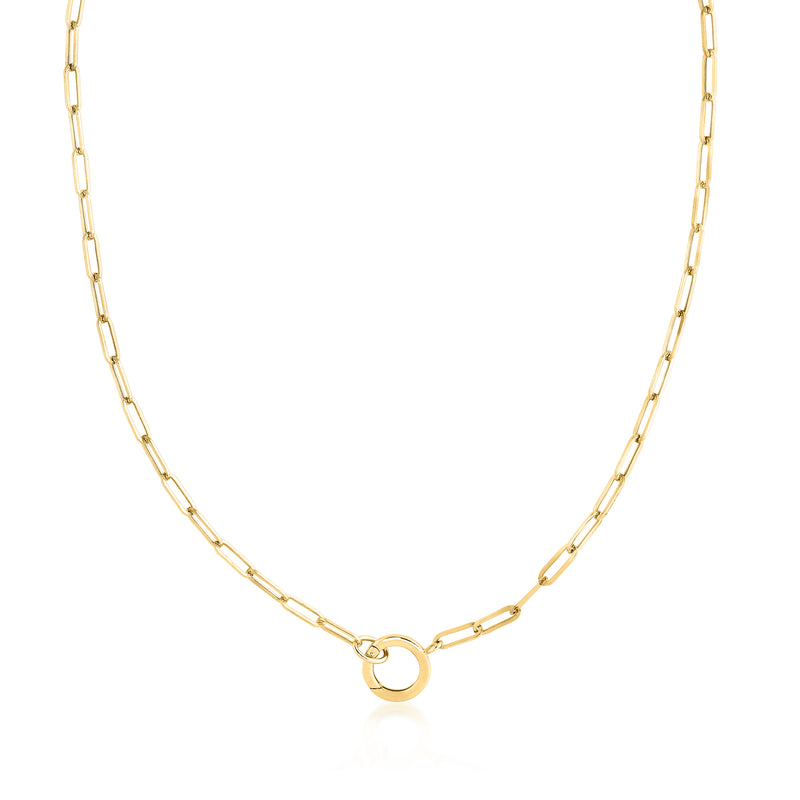 14kt yellow gold paper-clip link necklace with circular charm at center