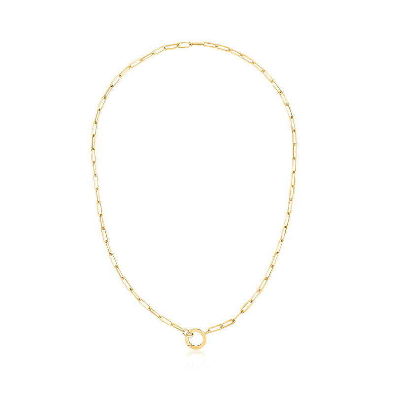 14kt yellow gold circular charm paper-clip link necklace, full length view