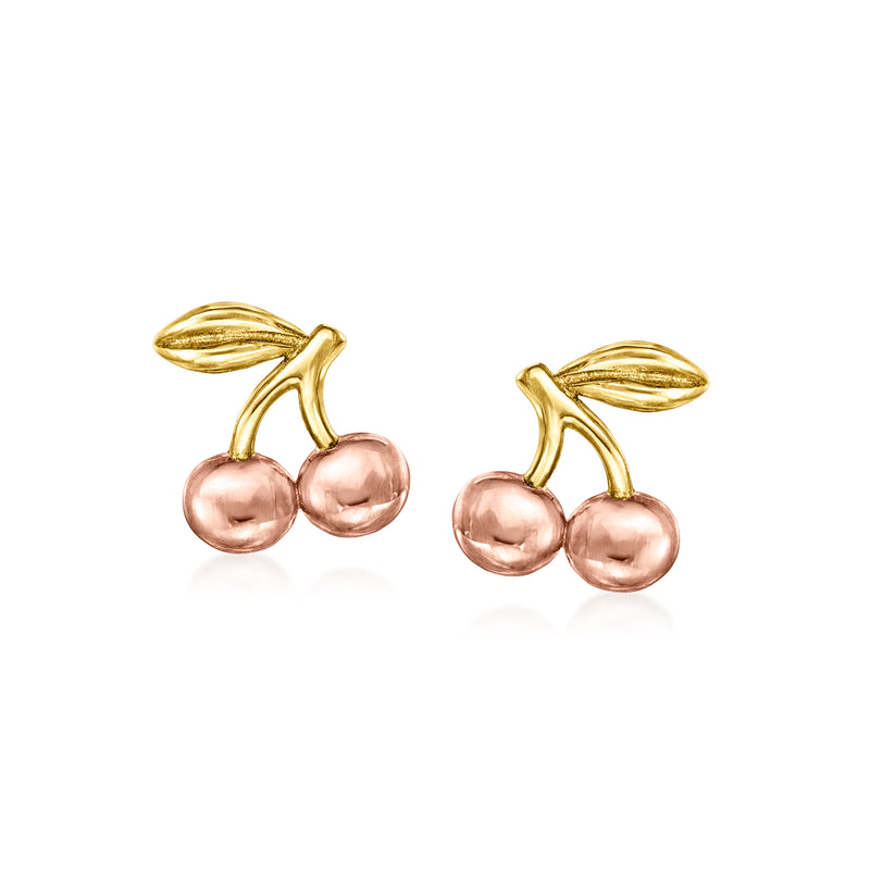 Two-tone 14kt gold cherry stud earrings with pink double cherries and leaf detail