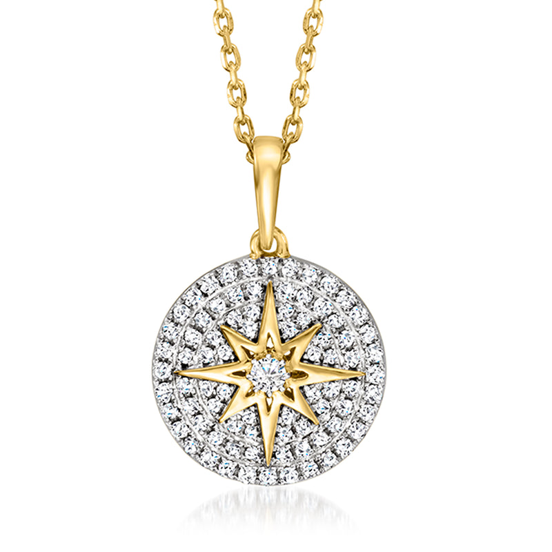 Gold-tone star disc pendant necklace with round pave diamond-look border