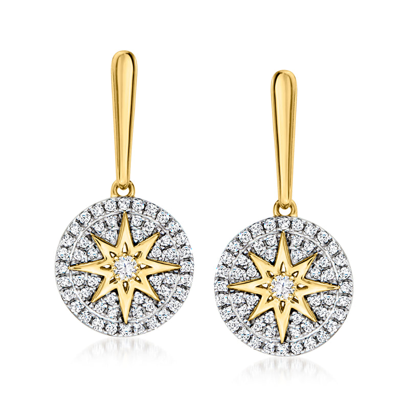 Diamond star disc drop earrings in 18kt gold over sterling, front view