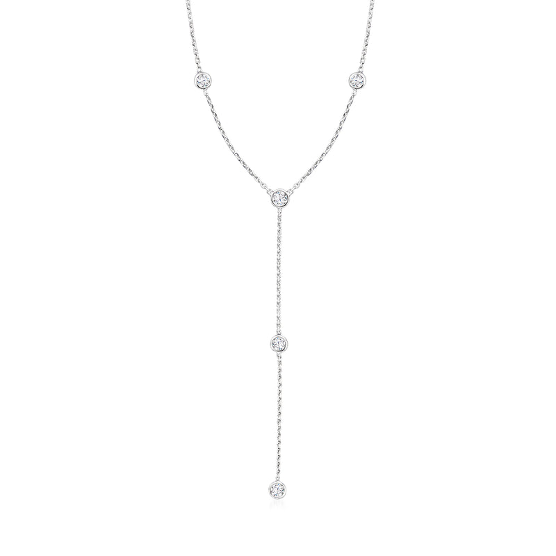 Sterling silver diamond station Y-necklace with four round stones on the chain