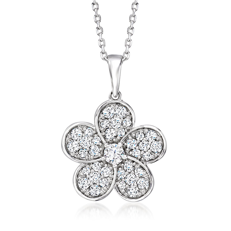 Sterling silver diamond flower pendant necklace with five round-petal cluster design