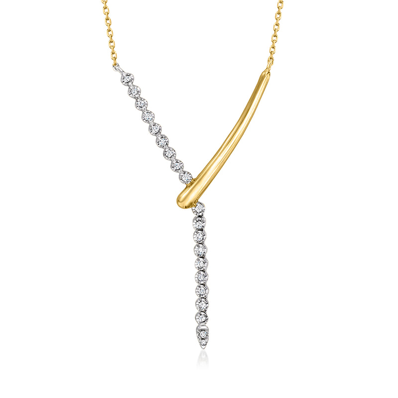 Two-tone sterling silver Y-necklace with diamond stations and V-shaped gold curve