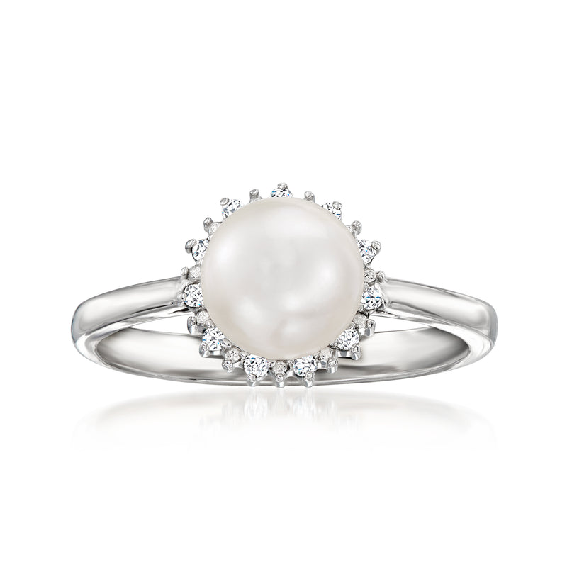 Sterling silver ring with round white cultured pearl and diamond halo