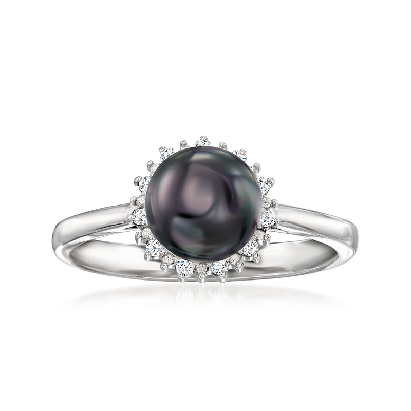 Sterling silver ring with black cultured pearl center and diamond halo