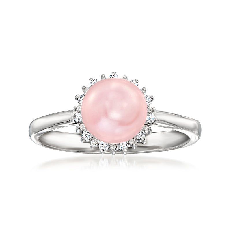 Sterling silver ring with pink cultured pearl and diamond halo, slim band