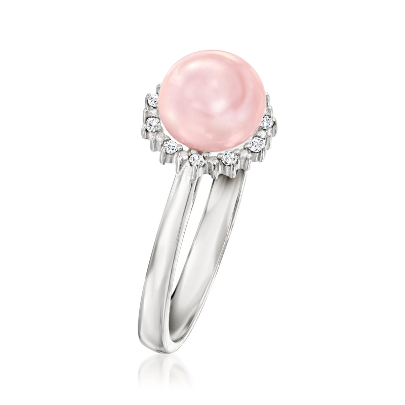 Pink cultured pearl ring with diamonds in sterling silver