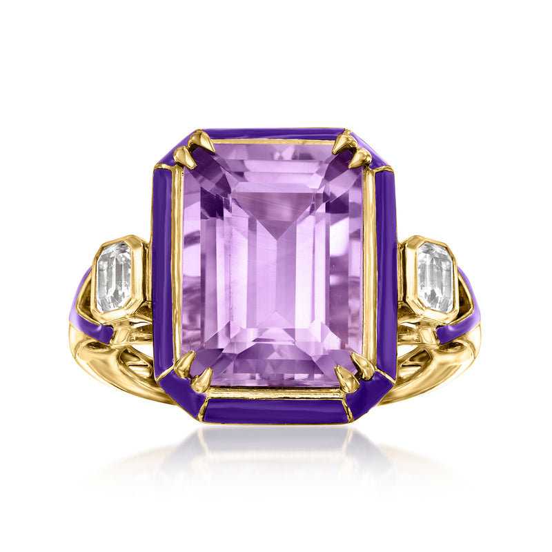 Amethyst and white topaz ring with emerald-cut purple stone in gold setting