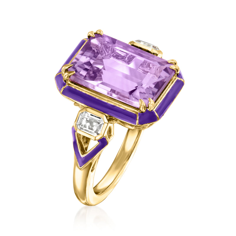 Amethyst and white topaz ring with square purple centerpiece and white stone accents, gold