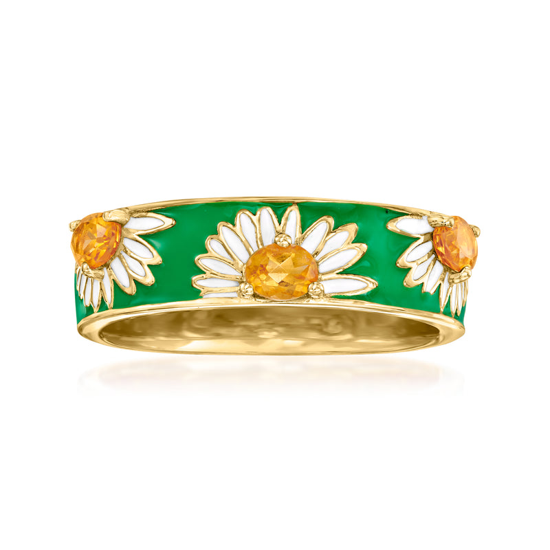Green enamel daisy ring with white petals, citrine centers, and gold-tone setting