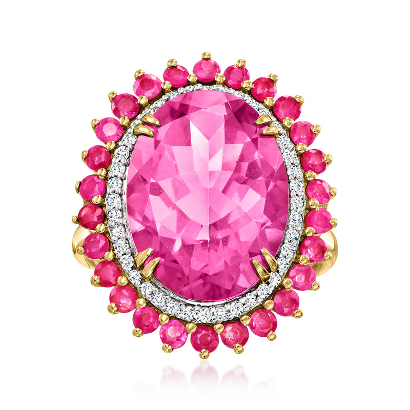 Oval pink gemstone ring with ruby halo, diamond accents, 14kt yellow gold setting