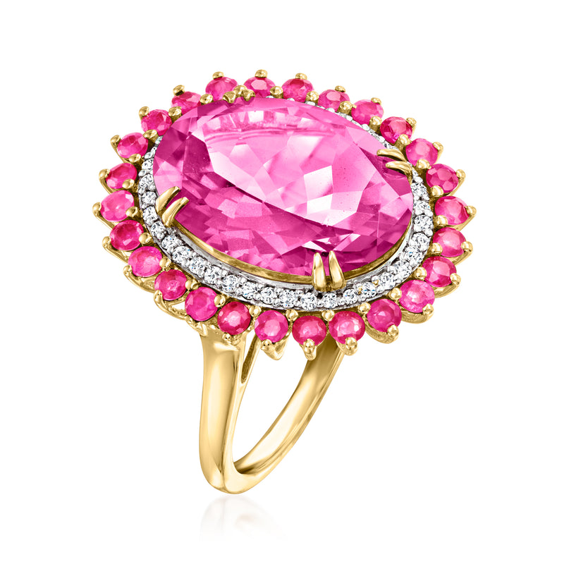 Pink topaz ring with ruby halo and diamond accents in 14kt yellow gold