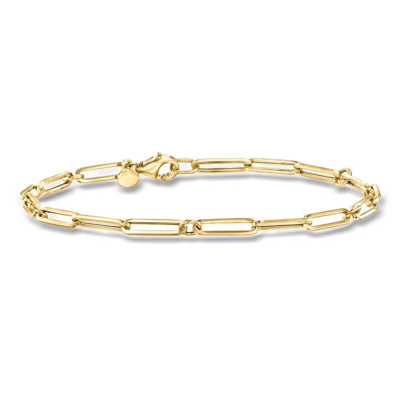 Yellow gold paper clip link bracelet with small round connector detail