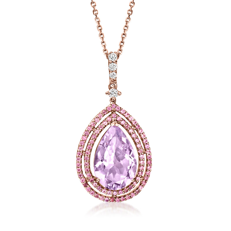 Rose gold amethyst pendant necklace with diamond and pink sapphire accents