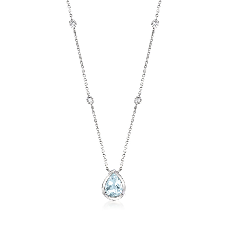 Aquamarine and diamond pendant necklace in 14kt white gold, pear stone with halo