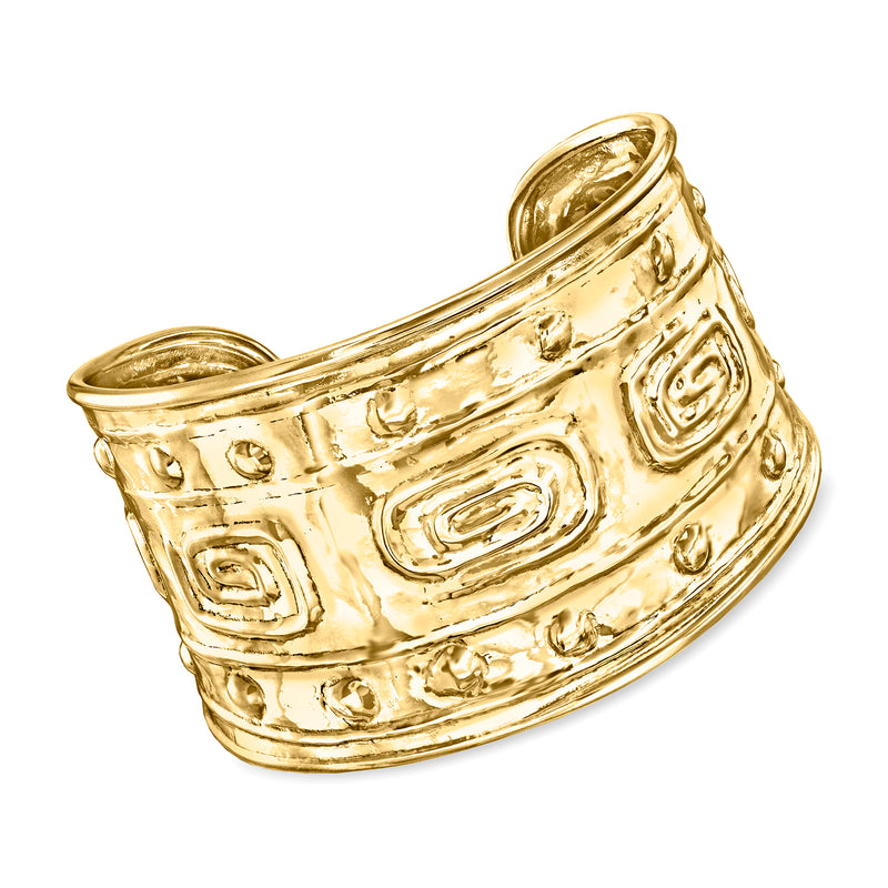 Gold over sterling Etruscan-style cuff bracelet with embossed face and oval motifs
