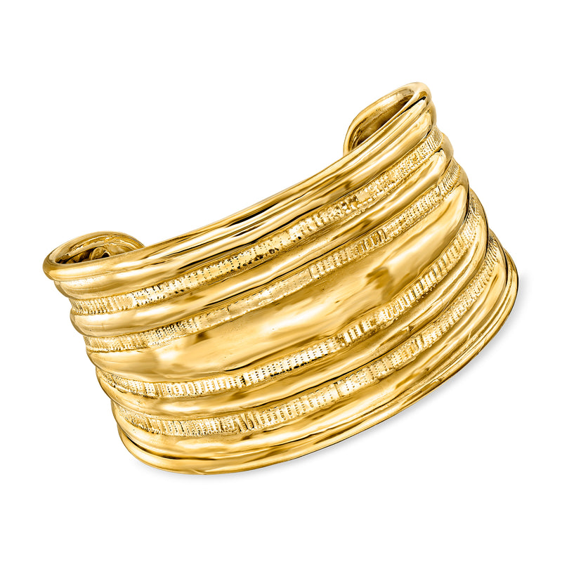 18kt gold over sterling line-patterned cuff bracelet with ridged wave design