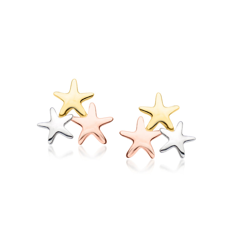 Tri-colored star stud earrings with three overlapping gold, rose, and silver stars