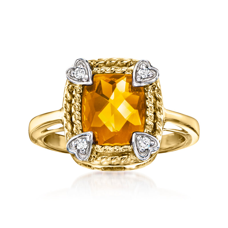 14kt yellow gold citrine ring with diamond accents, square frame bezel-set stones