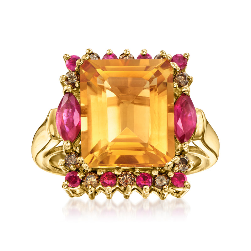 14k yellow gold ring with large square citrine center and pink gemstones, halo detail