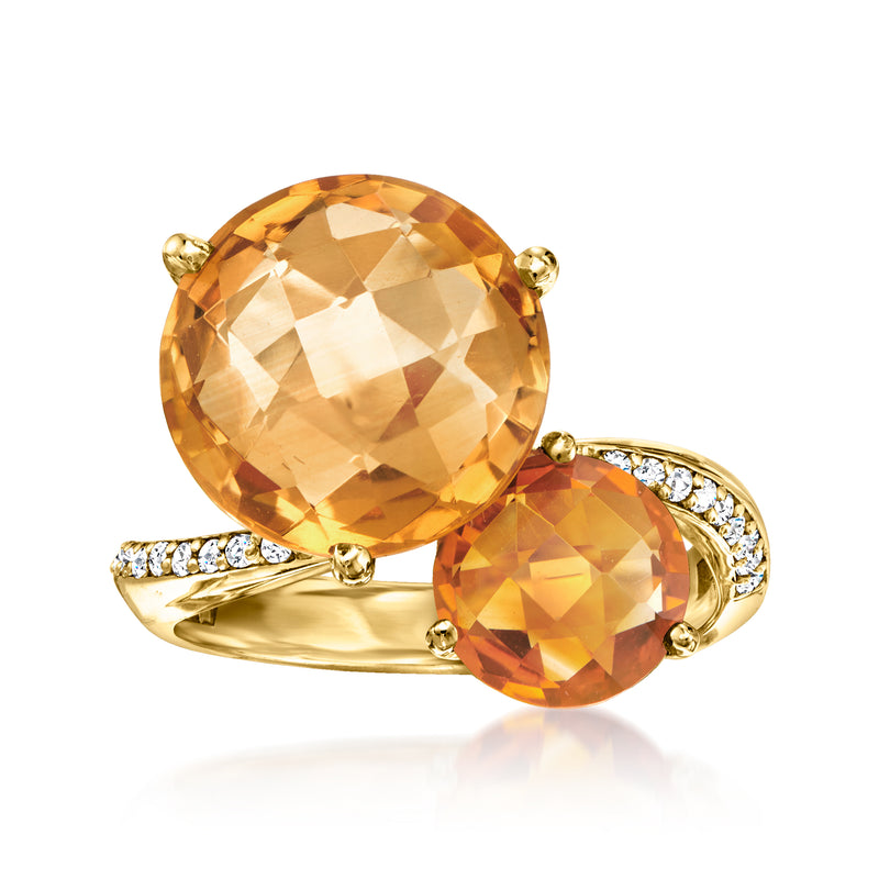 14kt yellow gold citrine ring with round and pear citrine stones and diamond accents
