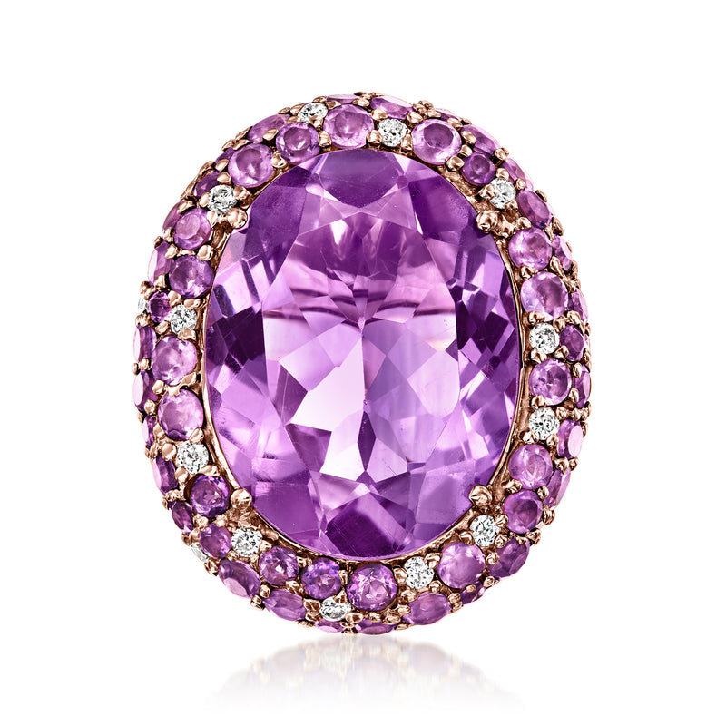 Amethyst halo ring with round purple gemstone center and diamond accents, 14kt rose gold