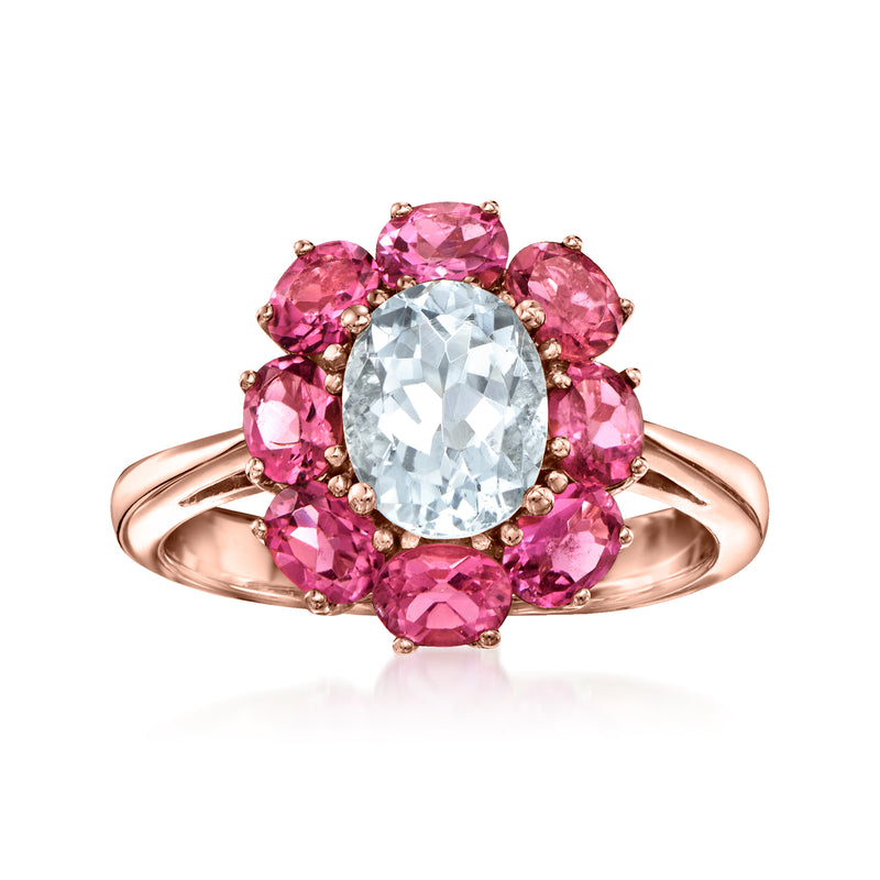 Rose gold flower ring with oval aquamarine center and pink tourmaline petals