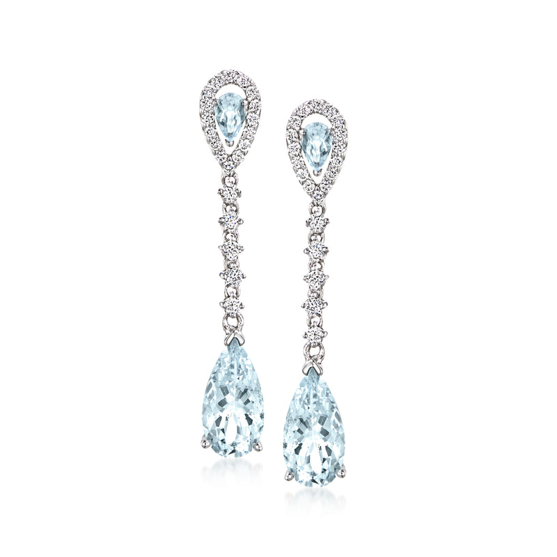 14kt white gold drop earrings with pear aquamarine stones and diamond accents