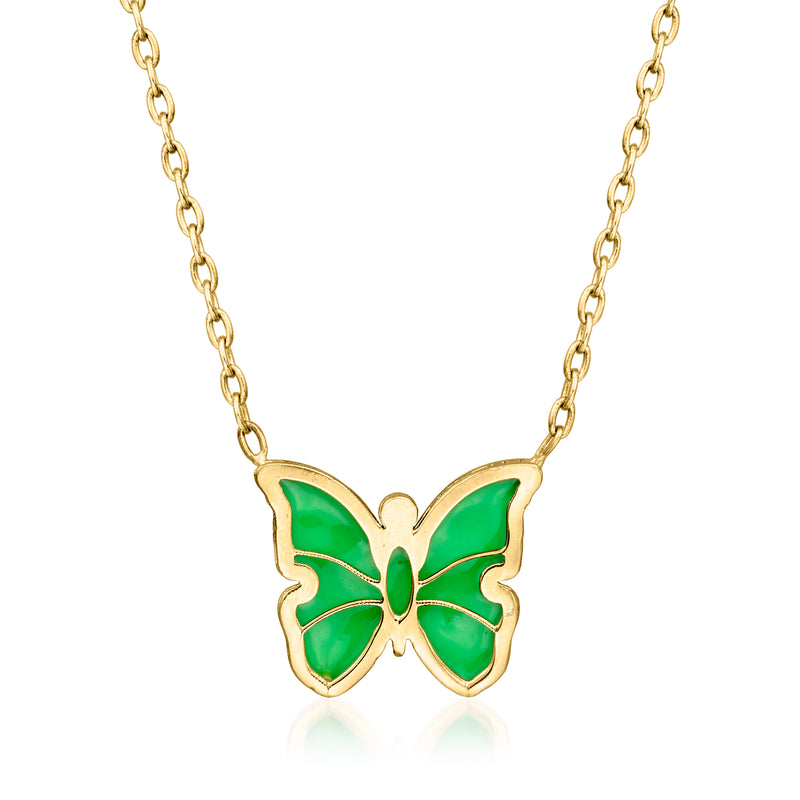 Yellow gold butterfly necklace with green enamel pendant and chain