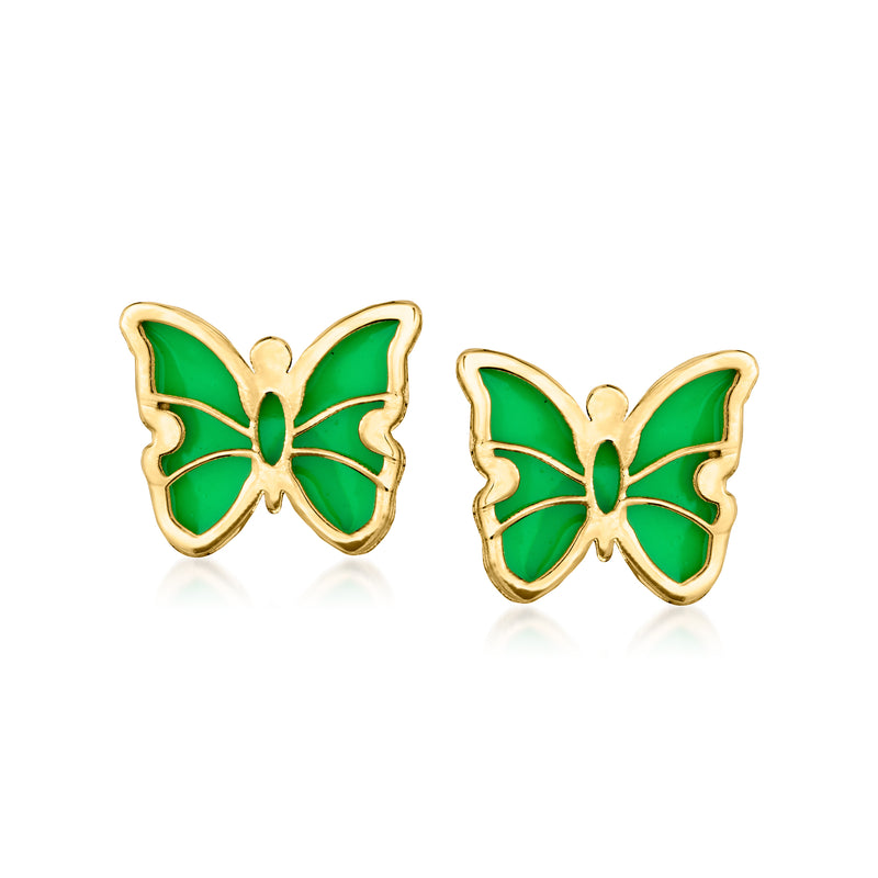 Butterfly stud earrings in 14kt yellow gold with green enamel