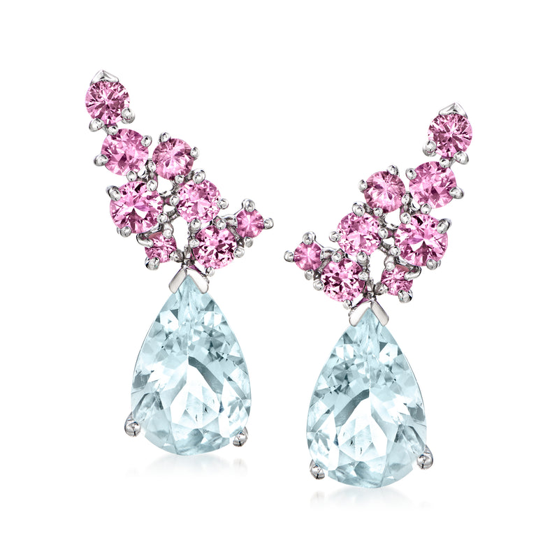 14k white gold drop earrings with pink sapphire clusters and aquamarine teardrop drops