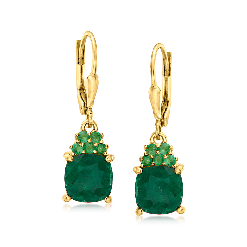 Gold over sterling emerald drop earrings with leverback; green oval stones