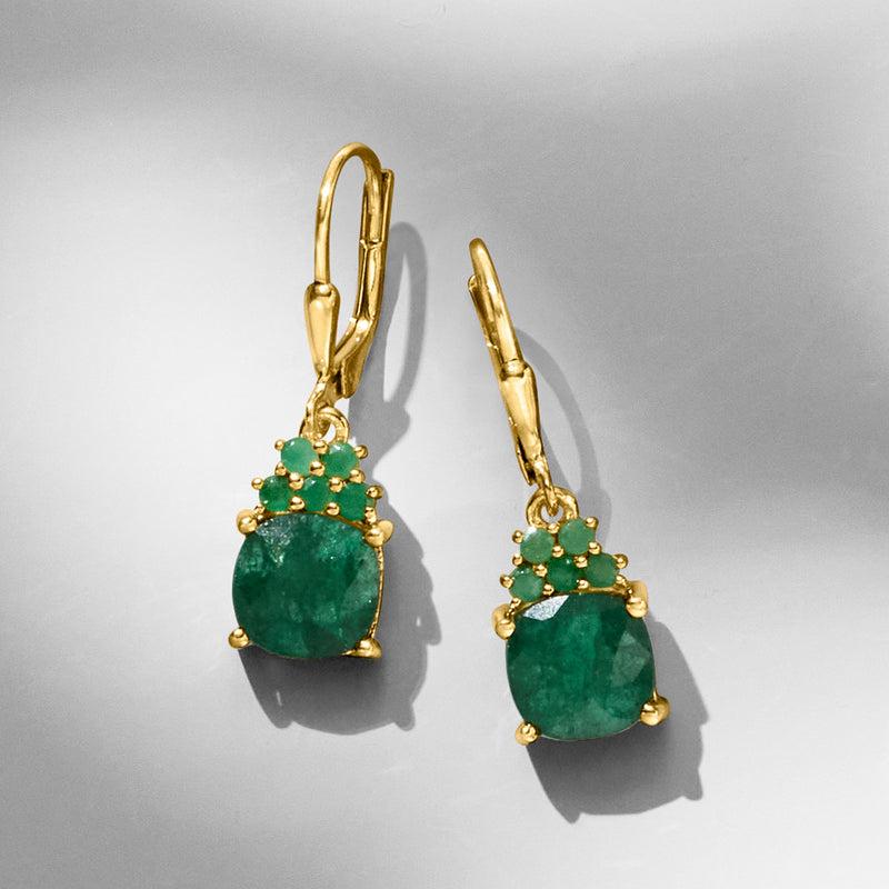 Gold over sterling emerald drop earrings with leverback; green clustered stones