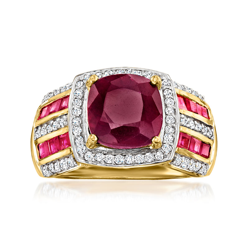 18kt gold over sterling ring with maroon ruby cushion center, white topaz halo and pink baguettes