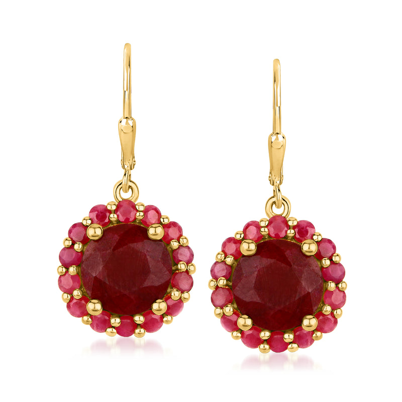 Gold leverback drop earrings with ruby-red faceted center and beaded halo