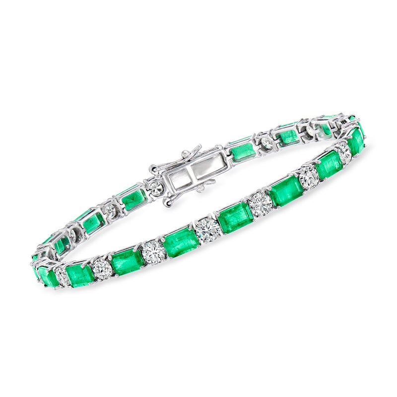 14kt white gold tennis bracelet with green emerald-cut stones and diamond accents