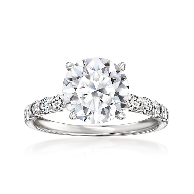 14kt white gold lab-grown diamond engagement ring with round center stone and pavé band