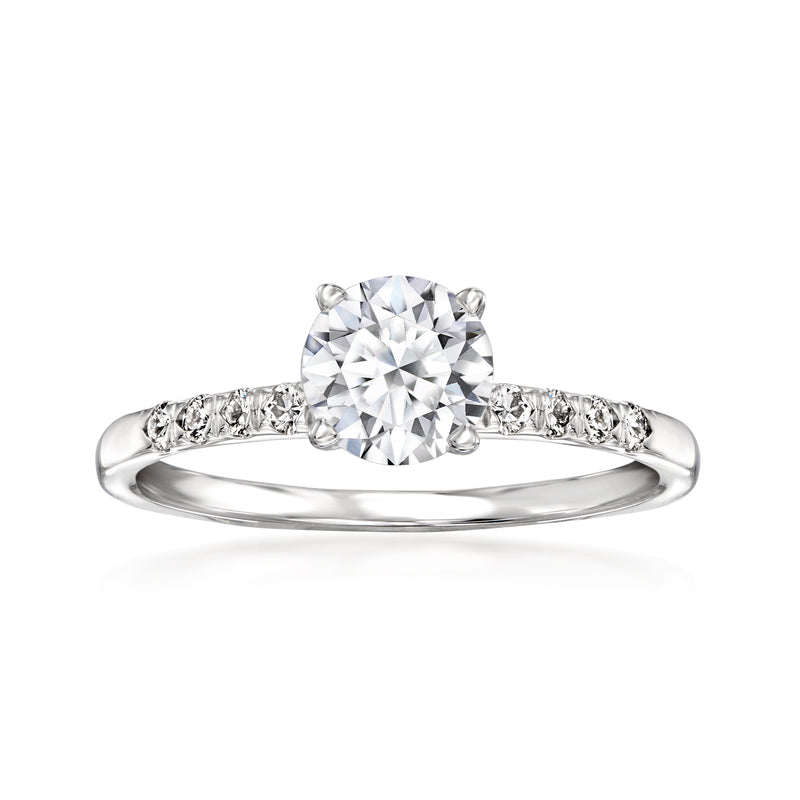 14kt white gold lab-grown diamond engagement ring with round center stone and pavé band