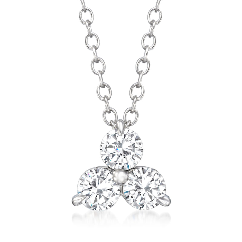 14kt white gold three-stone diamond necklace with round center and two side stones