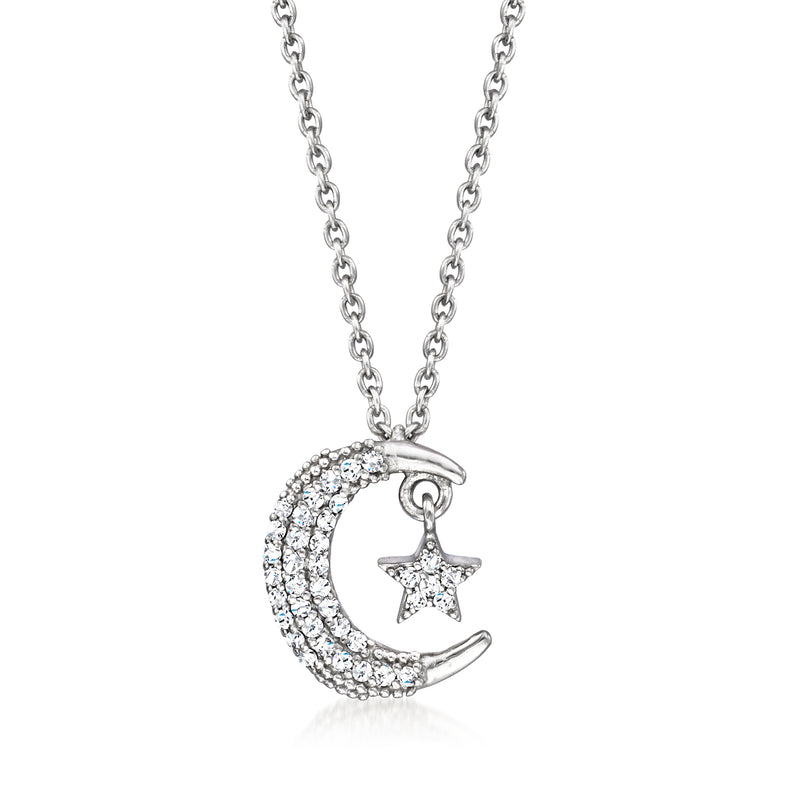Sterling silver moon and star necklace pendant with pave stones