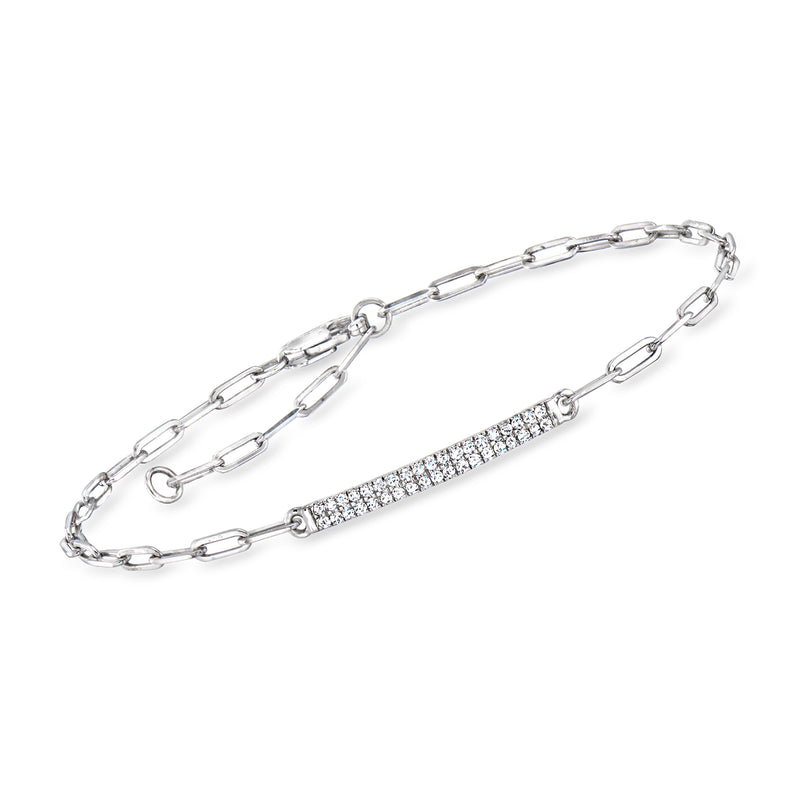 Sterling silver paper clip link bracelet with pavé diamond bar