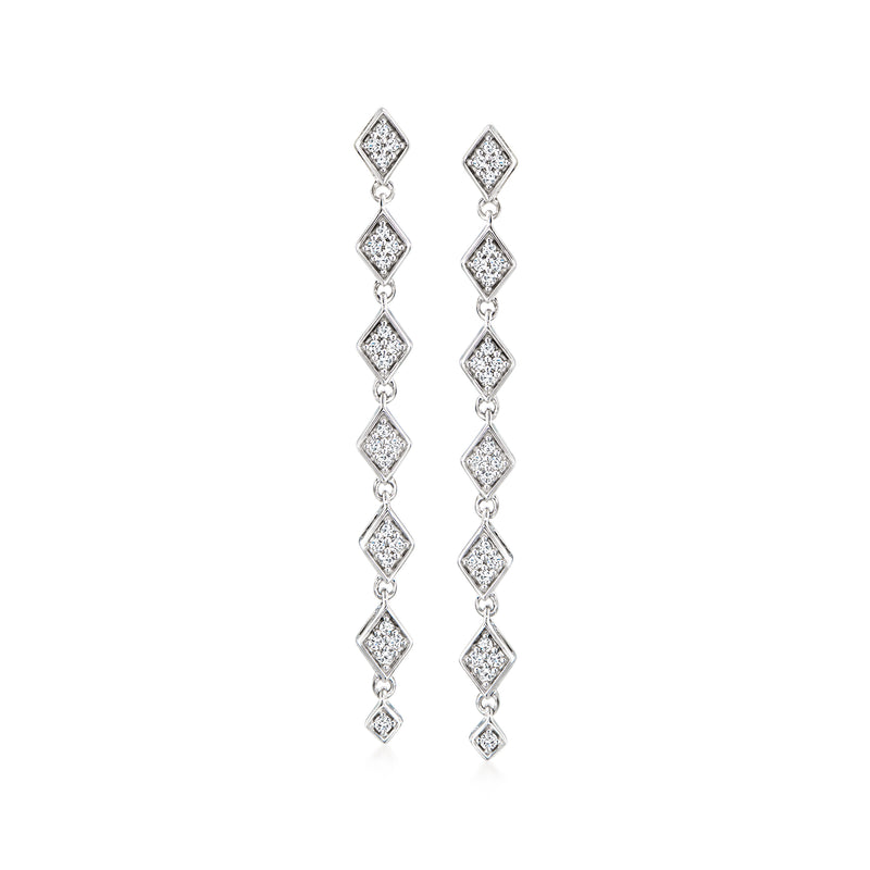 Sterling silver linear drop earrings with kite-shaped diamond accents