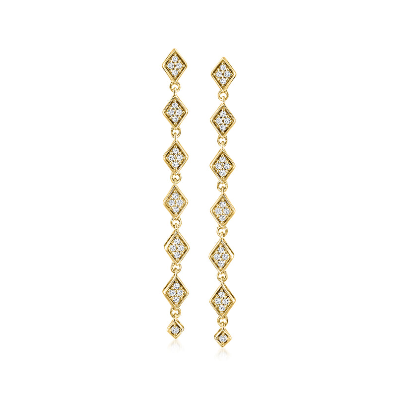 14kt yellow gold linear drop earrings with kite-shaped diamond accents
