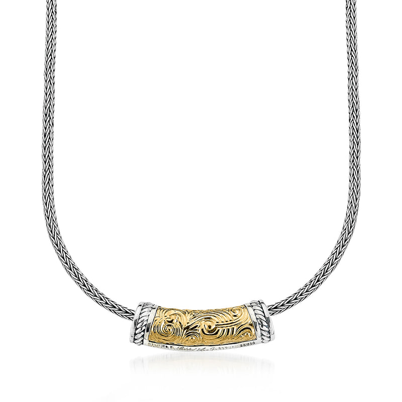 Sterling silver chain with rectangular yellow gold filigree bar pendant