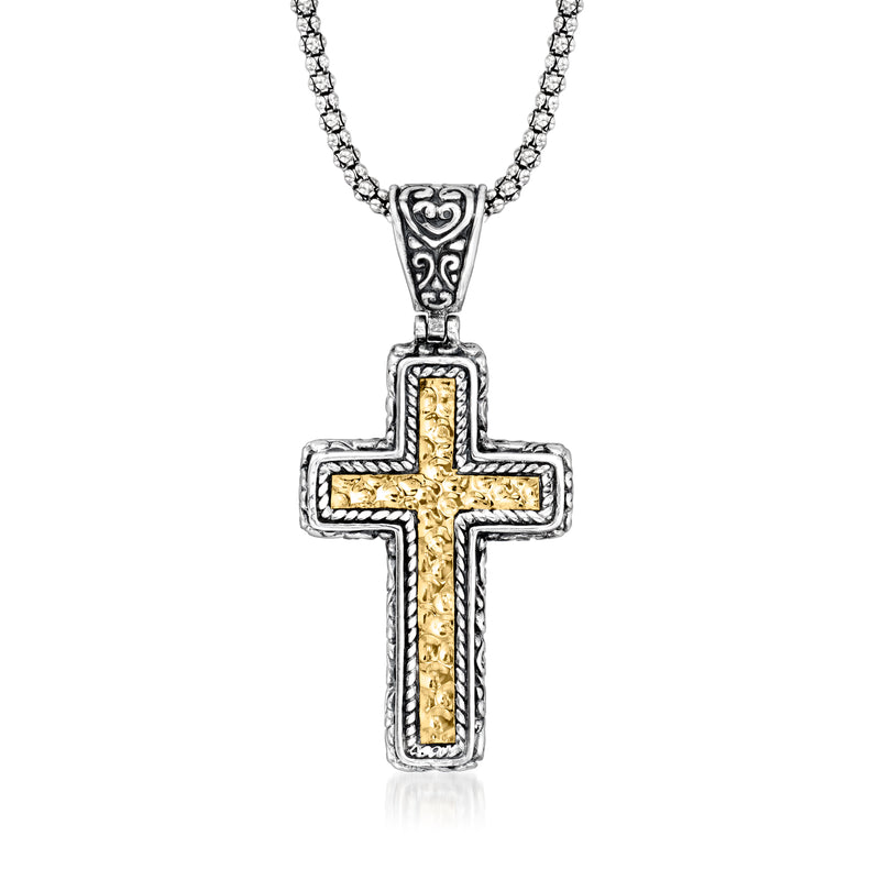 Sterling silver filigree cross pendant necklace with 18kt yellow gold inlay accents