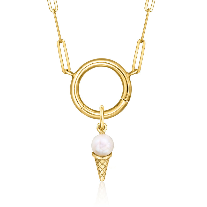 14kt yellow gold pearl ice cream cone pendant with round ring bail and chain links