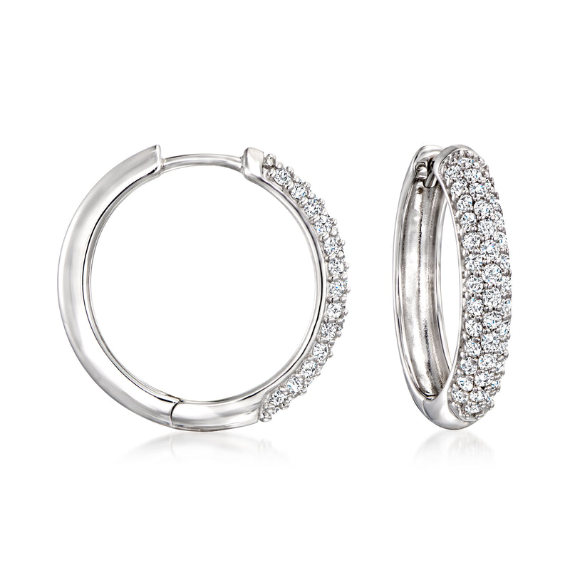Sterling silver diamond hoop earrings with pave-set stones, hinged hoop, round silhouette